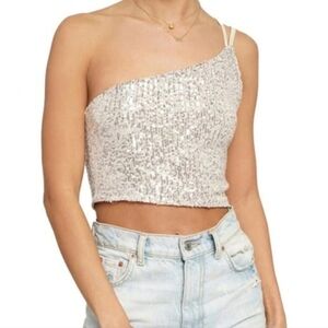 Know One Cares One Shoulder Sequin Top L Nude New